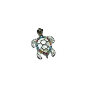 Small turtle charm or pendant, metal white enamel colorful gemstones, 1.75"